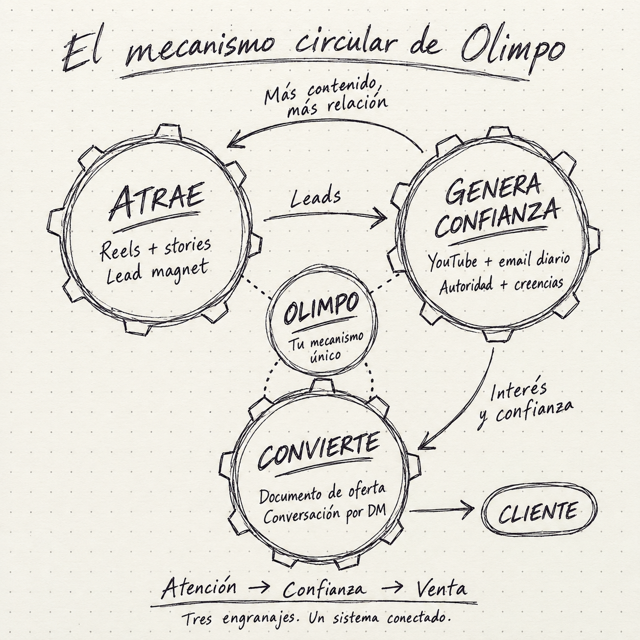 Esquema del mecanismo circular de Olimpo: tres engranajes conectados, Atrae con reels y lead magnet, Genera confianza con YouTube y email diario, y Convierte con el documento de oferta y la conversación por DM